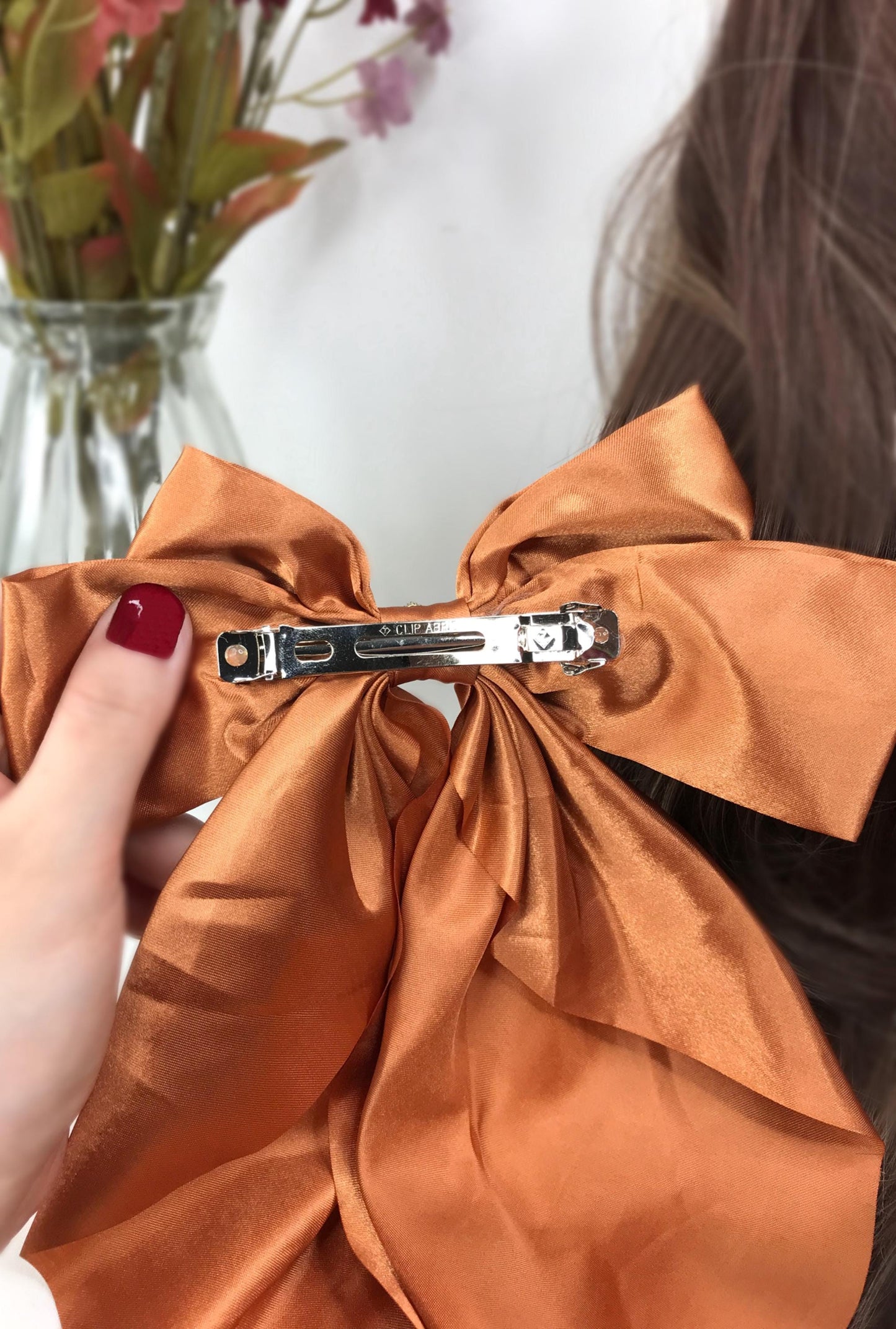 Handmade Burnt Orange Satin Brown Small Dainty Victorian Style Cameo Feminine Oversized Large Statement Ribbon Bow Barrette Hair Clip