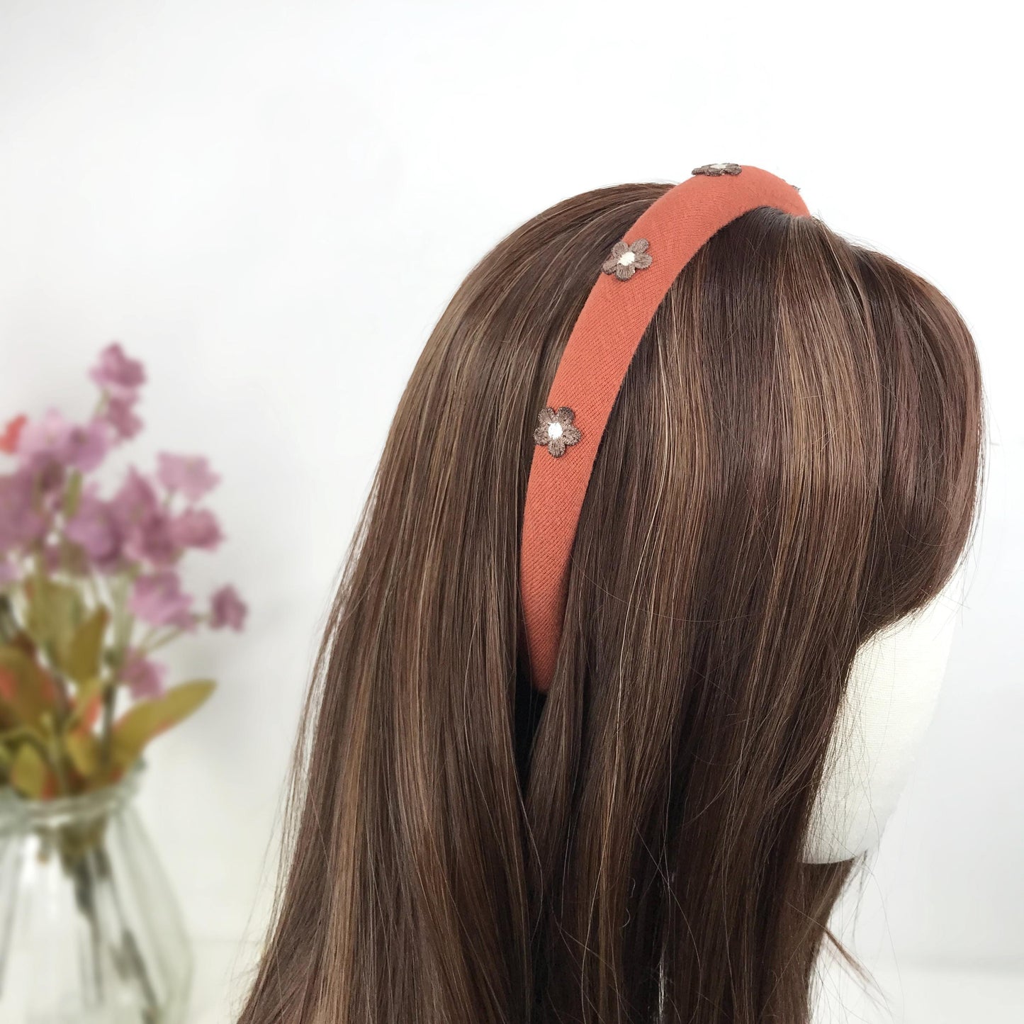 Handmade Burnt Orange Cotton Brown White Daisy Floral Flower Statement Headband