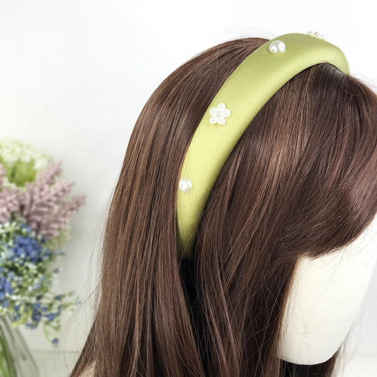 Handmade Light Olive Green Satin Faux Cream Pearl Round Circle Floral Flower Statement Headband