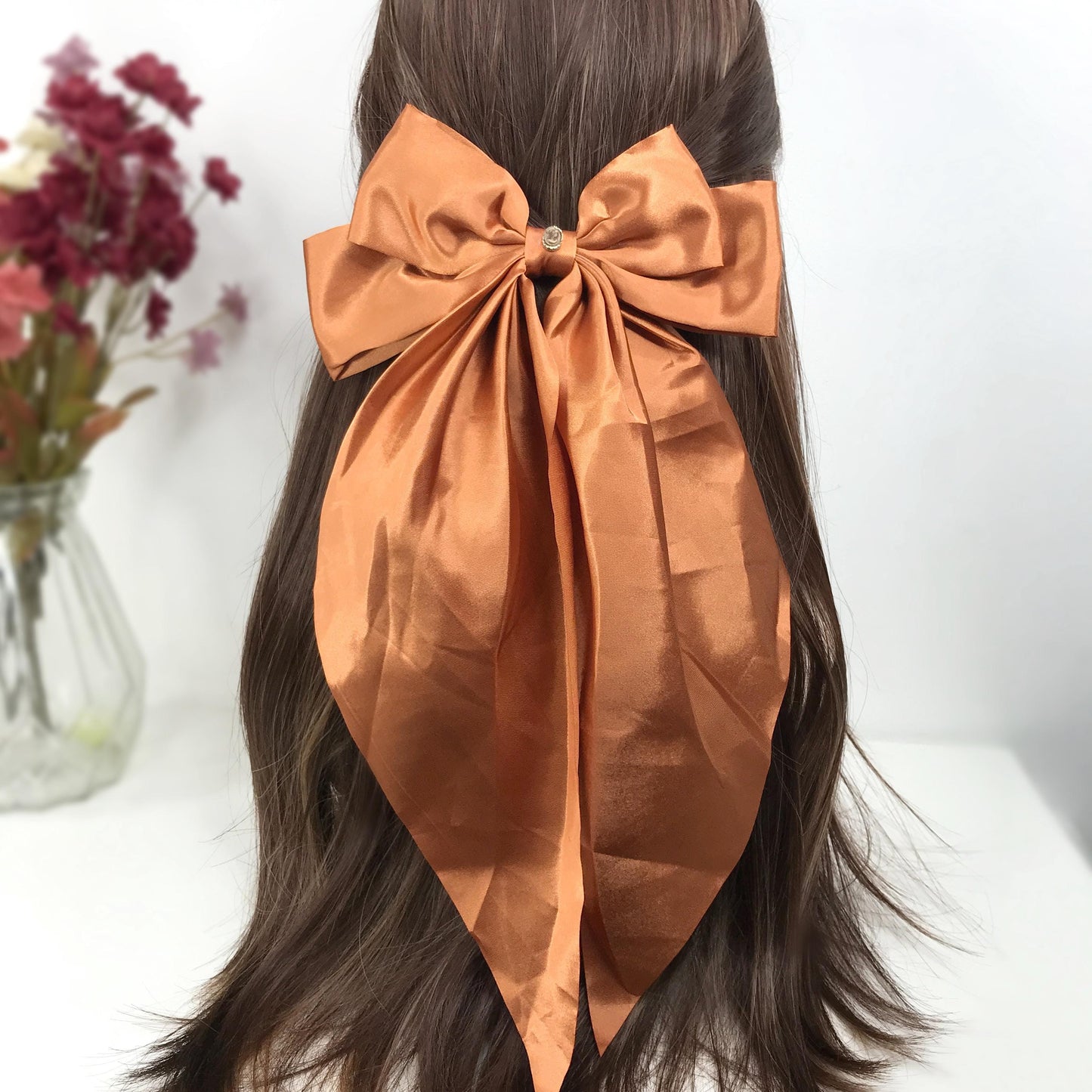 Handmade Burnt Orange Satin Brown Small Dainty Victorian Style Cameo Feminine Oversized Large Statement Ribbon Bow Barrette Hair Clip