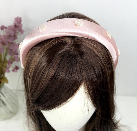 Handmade Light Pink Satin Faux Cream Pearl Floral Flower Feminine Statement Headband