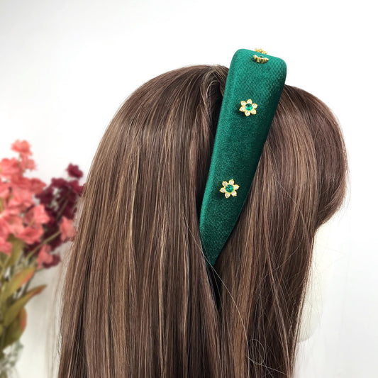 Handmade Green Velvet Gold Plated Clear Emerald Green Crystal Floral Flower Thick Statement Headband