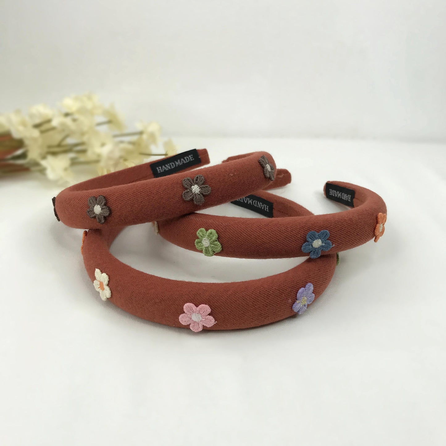 Handmade Burnt Orange Cotton Brown White Daisy Floral Flower Statement Headband