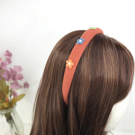 Handmade Burnt Orange Cotton Orange Blue Green Cream Daisy Floral Flower Statement Headband