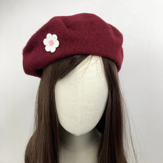 Burgundy Red Wool White Pink Daisy Floral Flower Cute French Style Chic Beret Hat