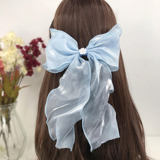 Handmade Light Blue Satin Small White Vintage Lace Floral Flower Cream Faux Pearl Feminine Large Statement Ribbon Bow Hair Clip