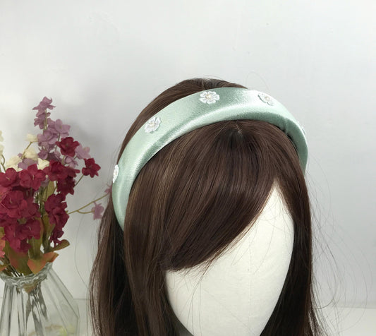 Handmade Mint Green Satin Faux Cream Pearl Round Circle Vintage White Lace Floral Flower Statement Headband