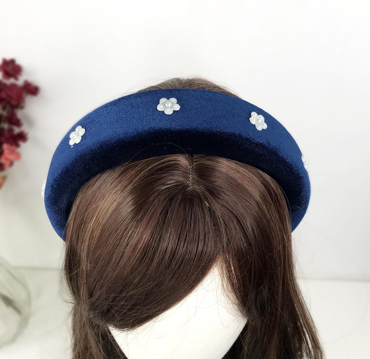 Handmade Dark Blue Velvet Faux Cream Pearl Floral Flower Thick Statement Headband