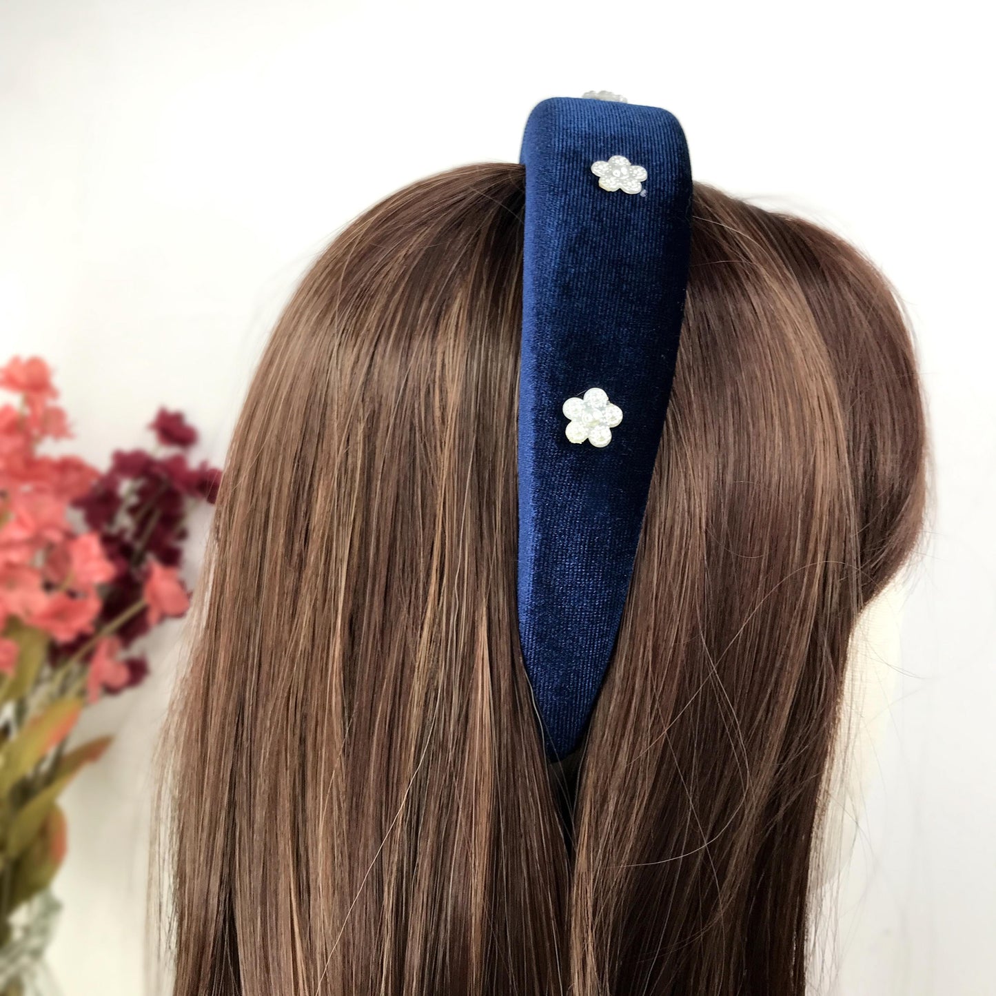 Handmade Dark Blue Velvet Faux Cream Pearl Floral Flower Thick Statement Headband