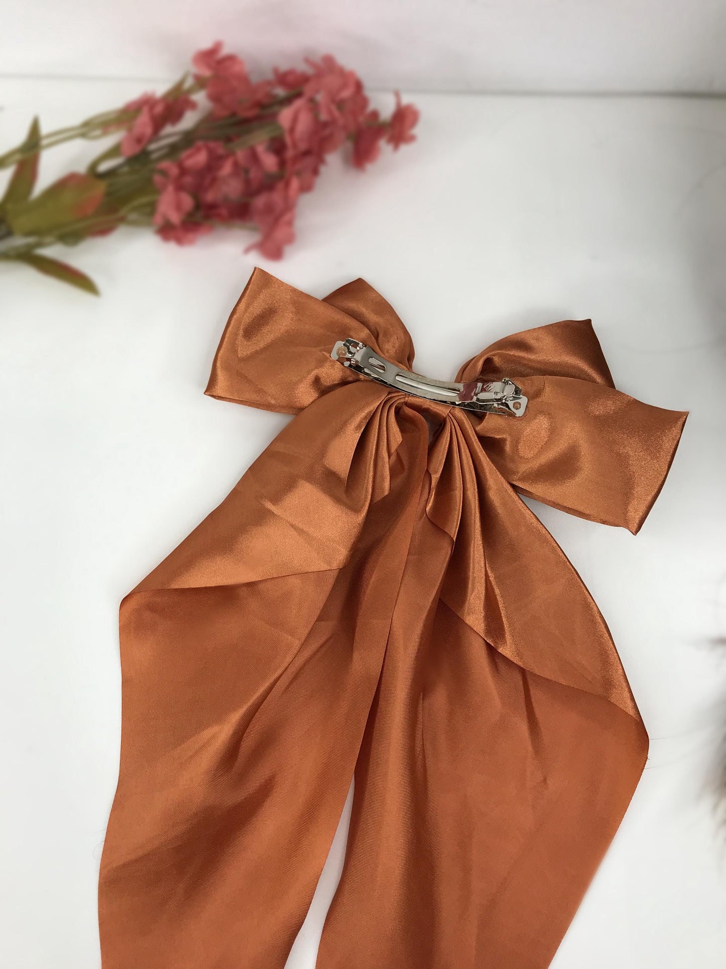 Handmade Burnt Orange Satin Brown Small Dainty Victorian Style Cameo Feminine Oversized Large Statement Ribbon Bow Barrette Hair Clip