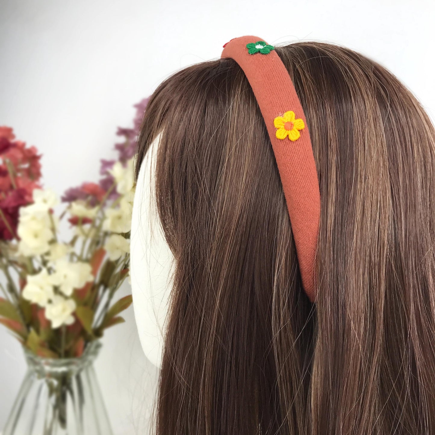 Handmade Burnt Orange Cotton Bright Pink Blue Red Green Yellow Colourful Daisy Floral Flower Statement Headband