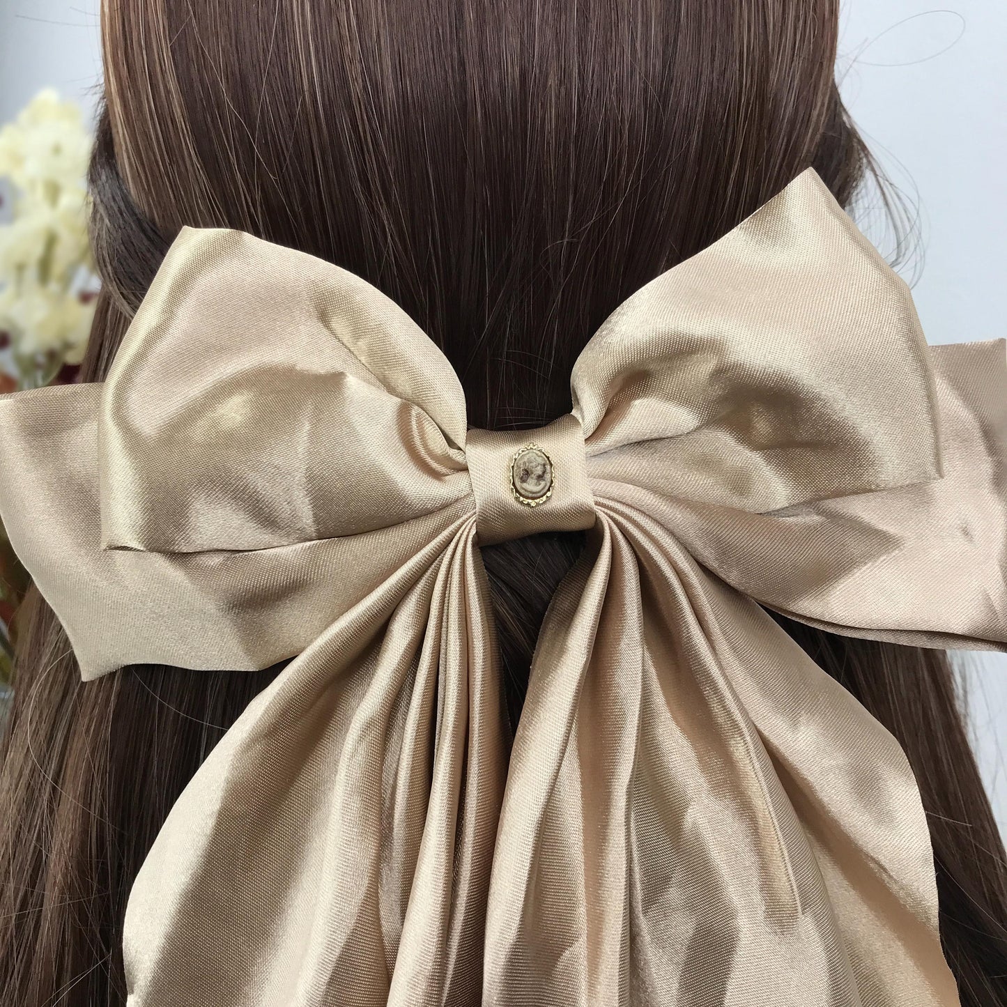 Handmade Beige Satin Brown Small Dainty Victorian Style Cameo Feminine Oversized Large Statement Ribbon Bow Barrette Hair Clip