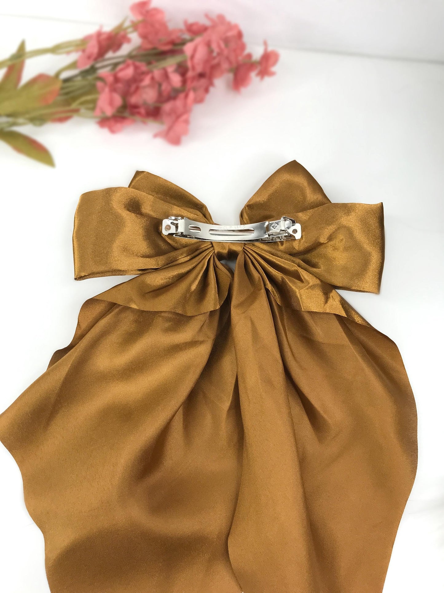 Handmade Caramel Brown Satin Small Dainty Victorian Style Cameo Feminine Oversized Large Statement Ribbon Bow Barrette Hair Clip