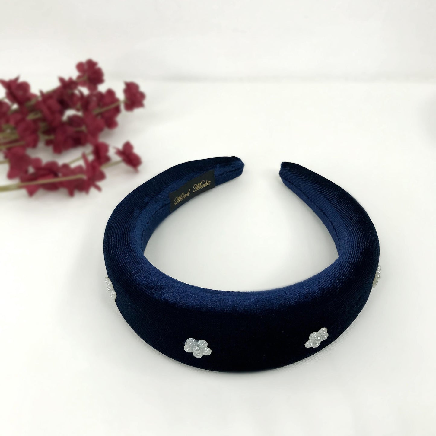 Handmade Dark Blue Velvet Faux Cream Pearl Floral Flower Thick Statement Headband