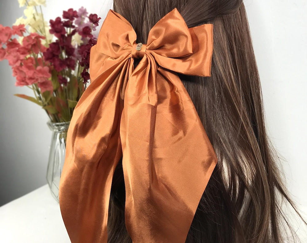 Handmade Burnt Orange Satin Brown Small Dainty Victorian Style Cameo Feminine Oversized Large Statement Ribbon Bow Barrette Hair Clip