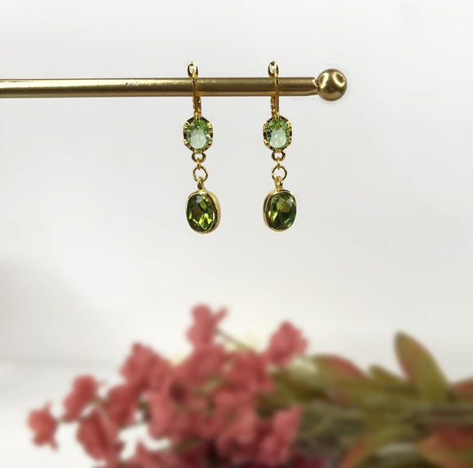 Handmade Green Oval Crystal Elegant Dangly Drop Latch Back Earrings