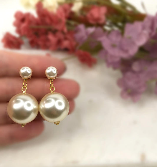 Handmade Vintage Repurposed Faux White Pearl Round Circle Large Statement Elegant Dangly Drop Clip On Earrings