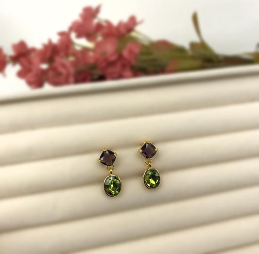 Handmade Green Purple Diamond Shape Oval Crystal Dangly Drop Stud Earrings