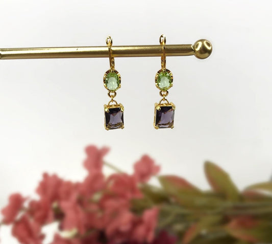 Handmade Light Green Purple Oval Square Crystal Dangly Drop Latch Back Earrings